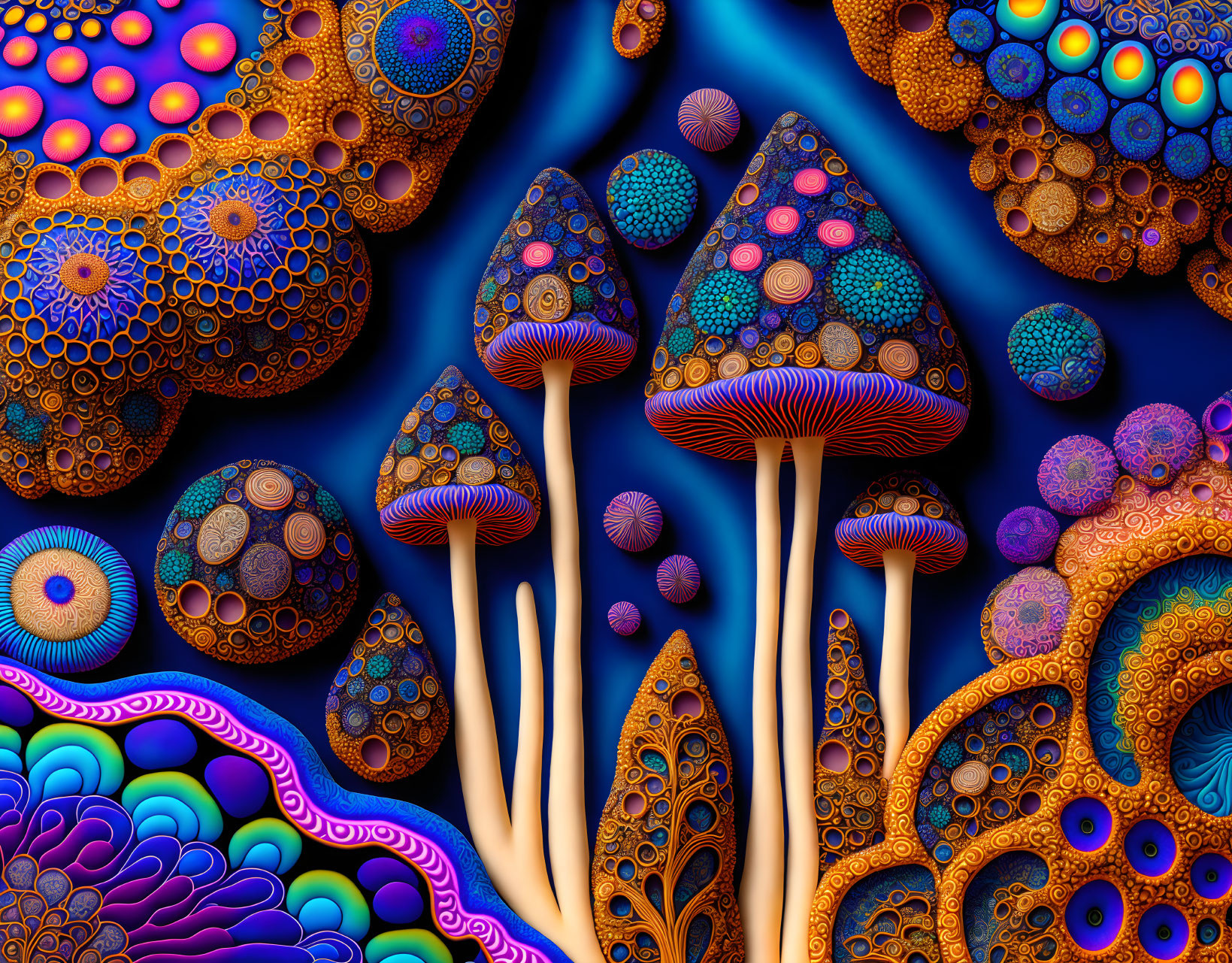 Colorful psychedelic mushrooms and floral patterns on dark blue background