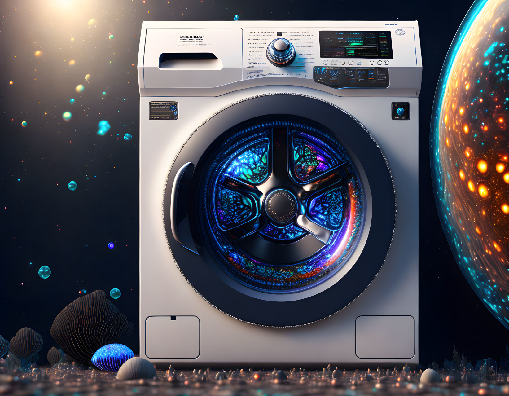 Illuminated cosmic portal in washing machine drum with space background