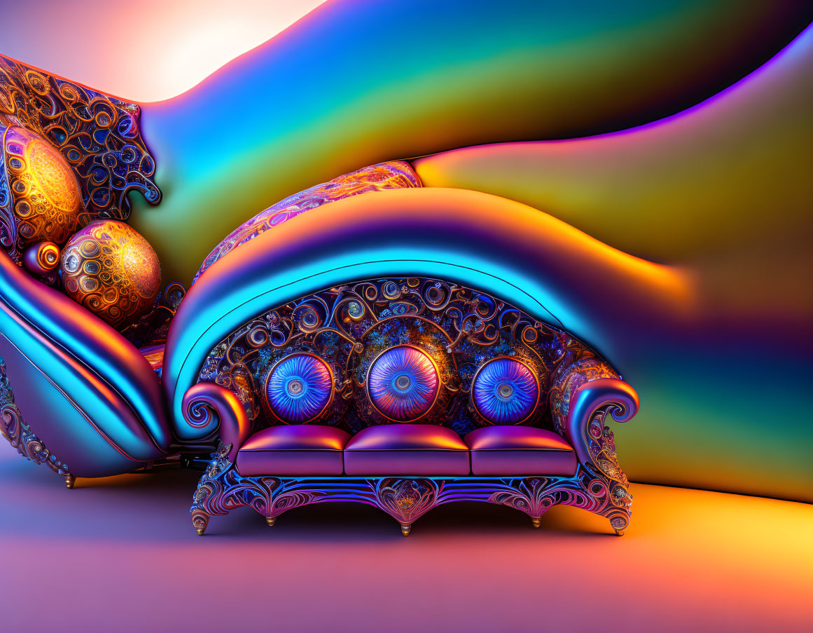 Colorful Psychedelic Digital Artwork with Ornate Sofa and Surreal Landscape