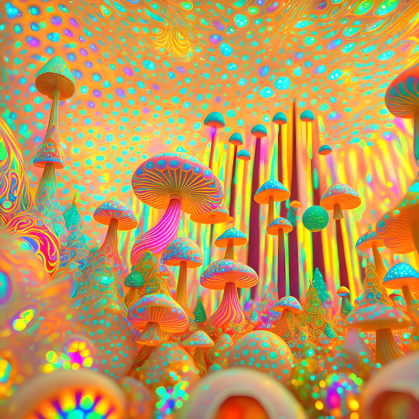 Colorful Psychedelic Mushroom Forest in Swirling Background