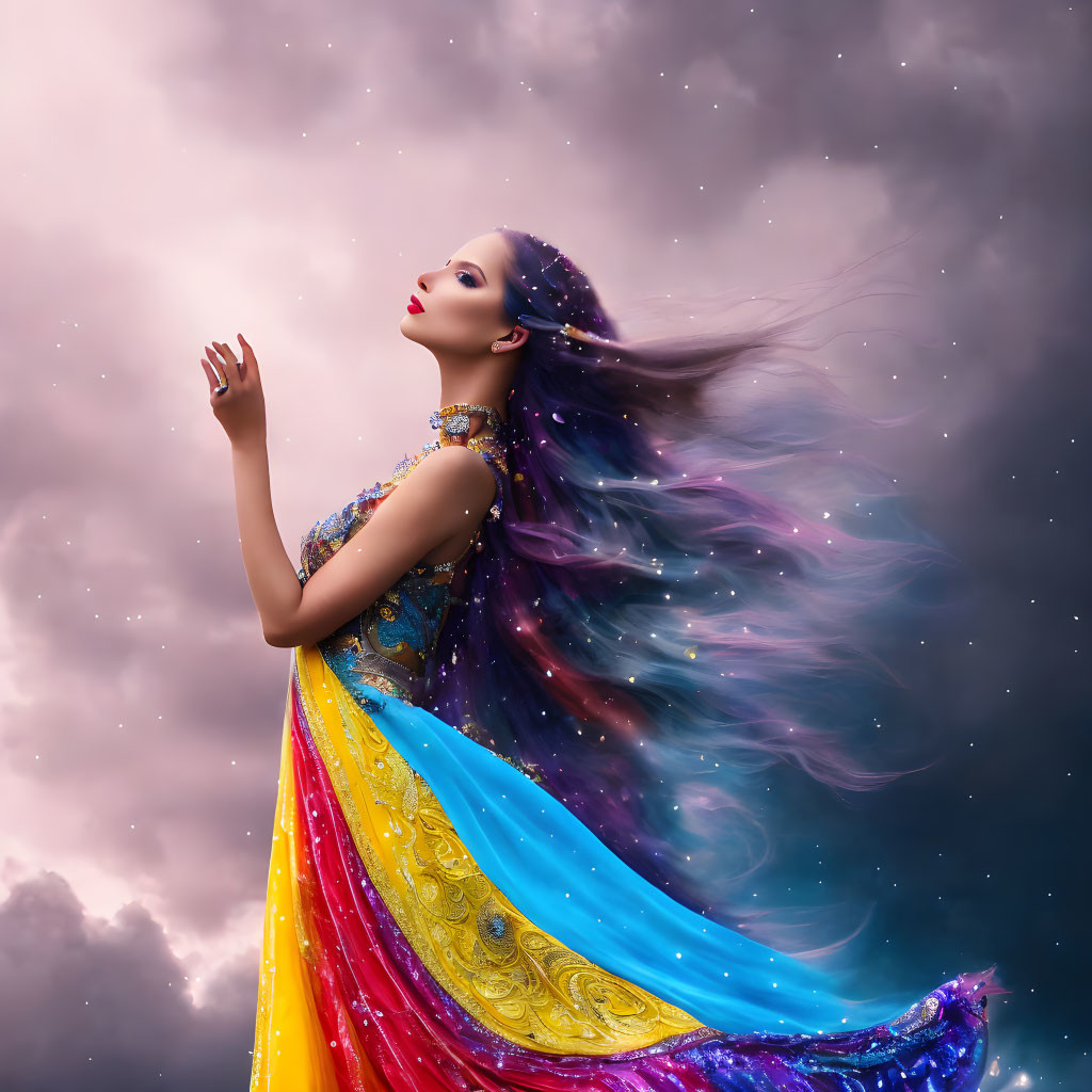 Galaxy-inspired woman in vibrant gown against stormy sky