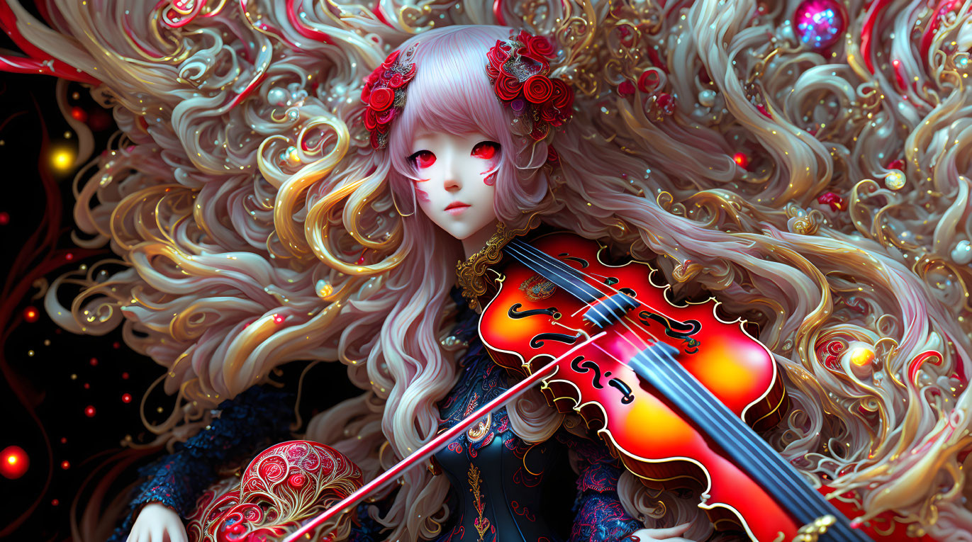 Anime-style illustration of girl playing red violin with flowing hair, gold patterns, red flowers.