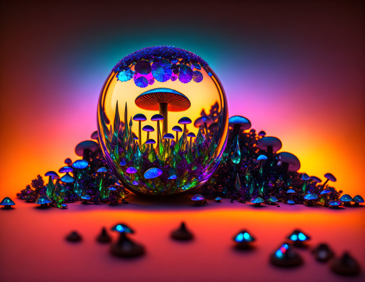 Colorful surreal artwork: Glass sphere with glowing mushrooms and plants on gradient backdrop