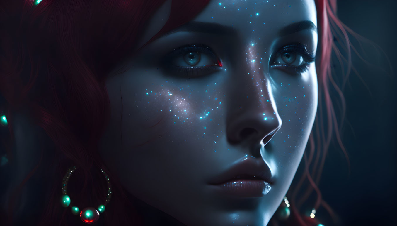 Close-up of fictional female with red hair, glowing blue star-like freckles, and piercing red