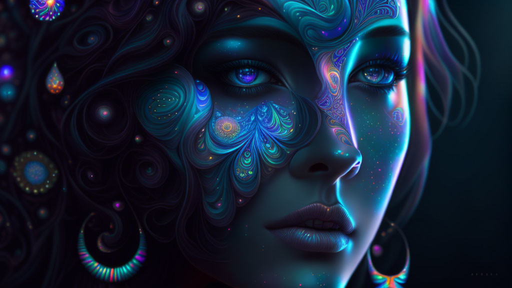 Surreal portrait of woman with neon blue and purple patterns