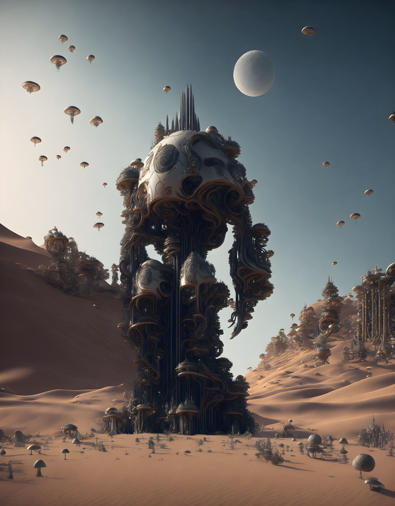 Surreal desert landscape with ornate towers and parachuting pods