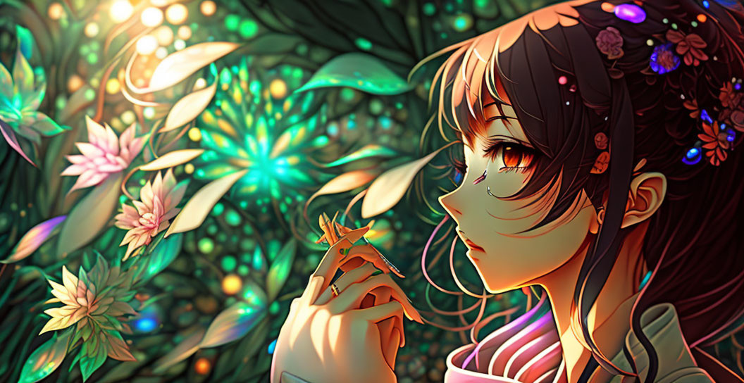 Anime girl in mystical forest with glowing atmosphere and flowers in hair holding light.