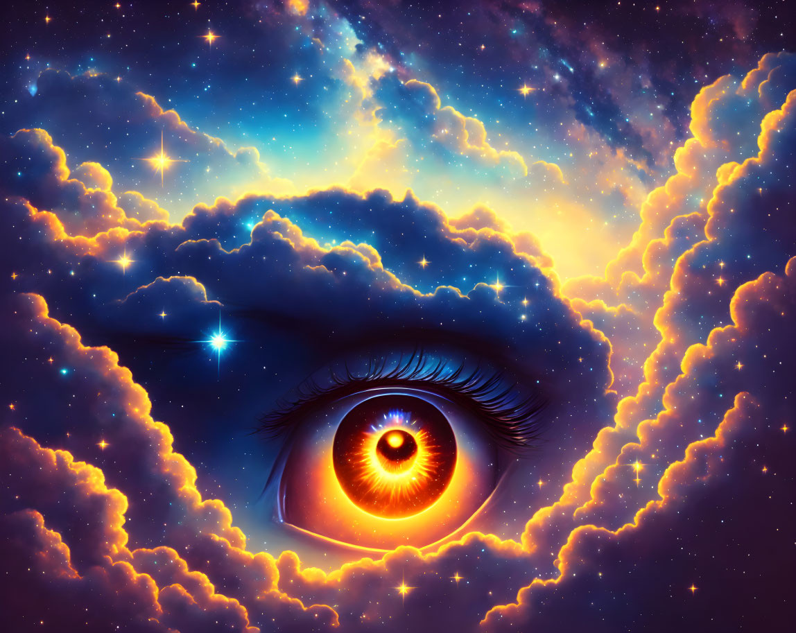 Cosmic eye with orange iris and celestial background