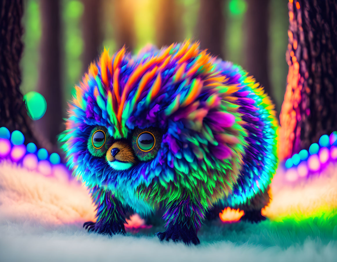 Colorful Rainbow Fur Creature in Whimsical Forest