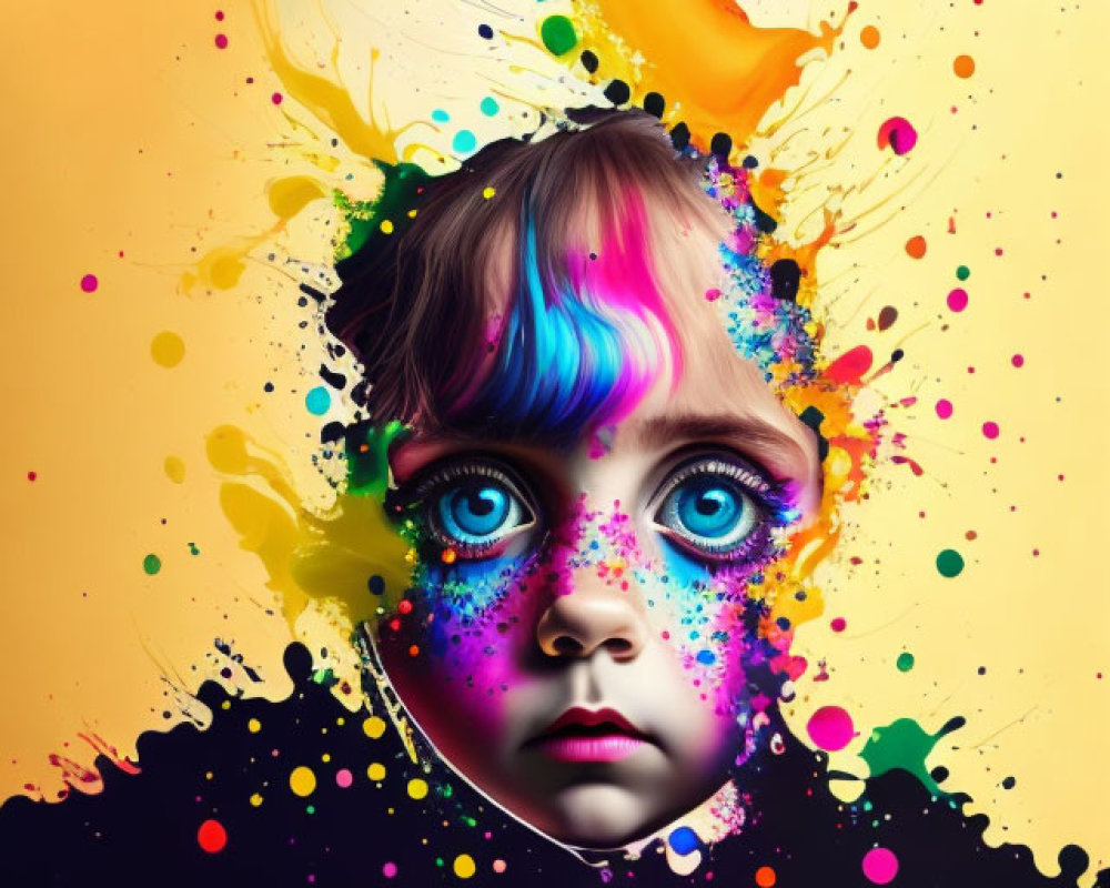 Colorful artwork of child's face with blue eyes and paint splatters