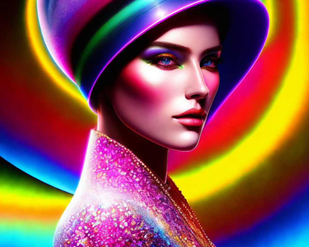 Colorful digital artwork: Woman in vibrant hat and pink outfit on rainbow backdrop