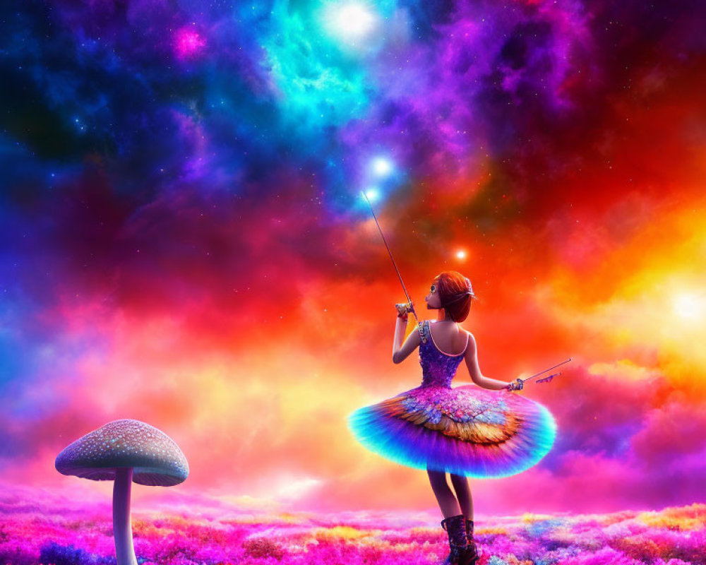 Child in tutu with wand surrounded by colorful flowers under neon galaxy sky & giant mushroom