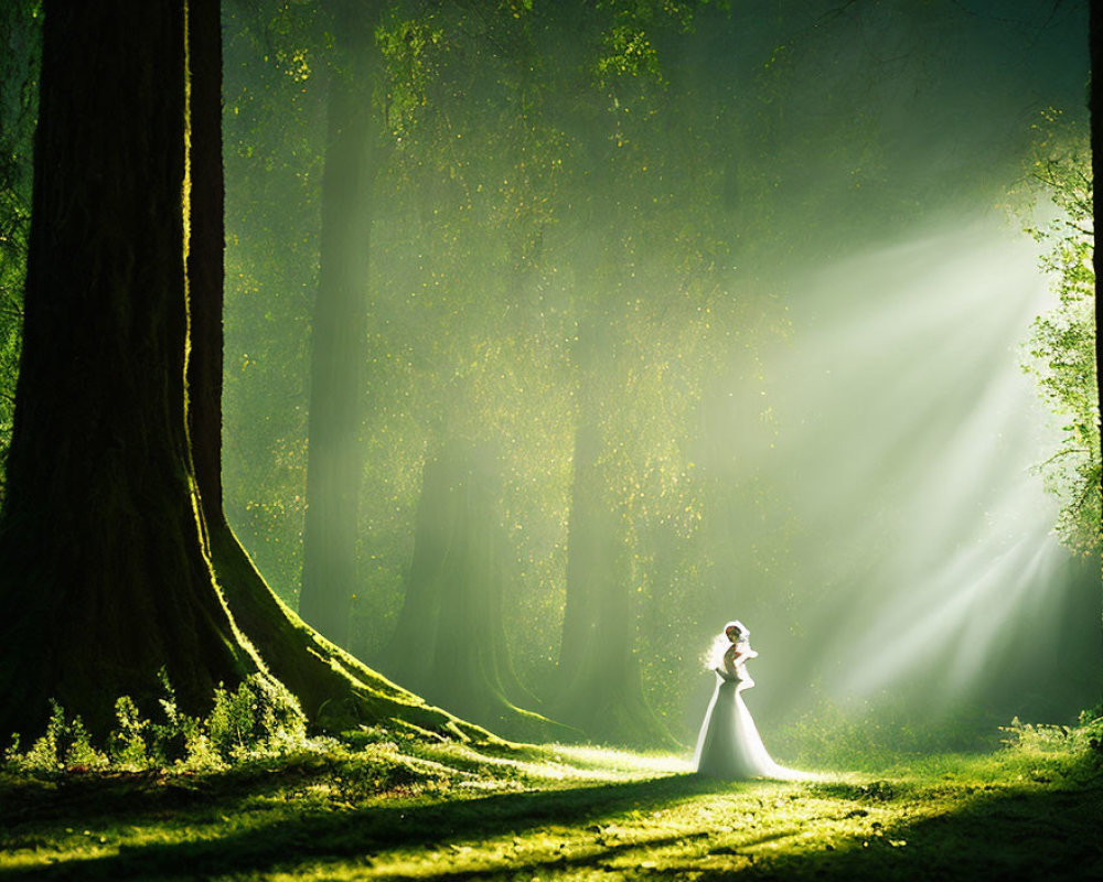 Person in white dress in sunlit forest setting