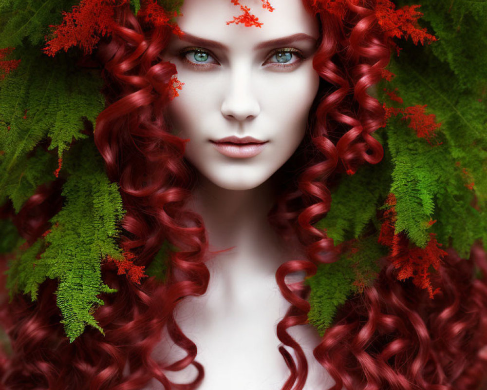 Red Curly-Haired Woman with Green Eyes Surrounded by Fern Leaves