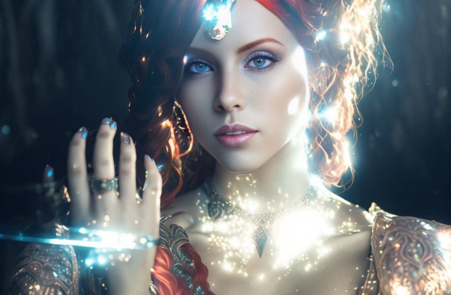 Woman with Blue Eyes and Curly Red Hair in Magical Setting