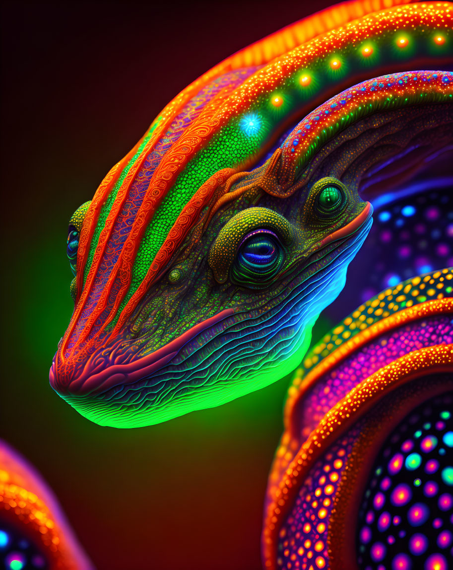 Vibrant digital artwork: psychedelic chameleon with neon patterns