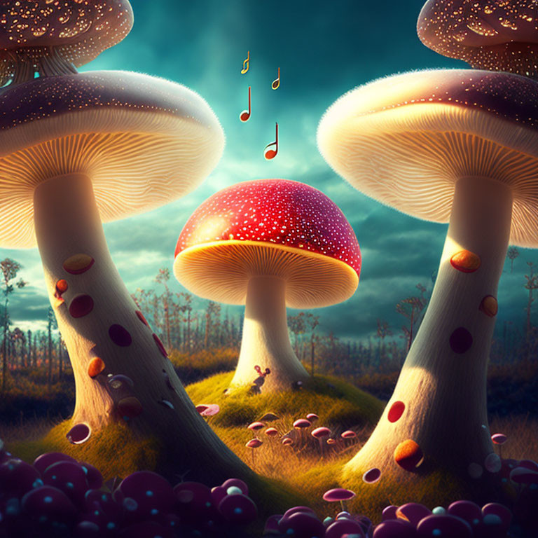 Colorful Mushrooms and Creatures in Enchanted Forest Scene