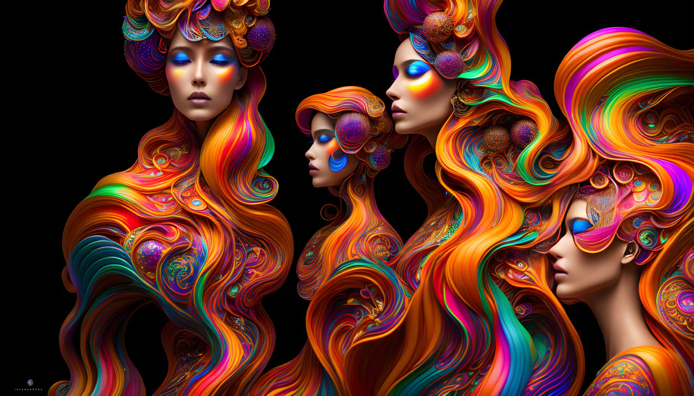 Four surreal female figures with colorful hair and intricate headdresses on dark background