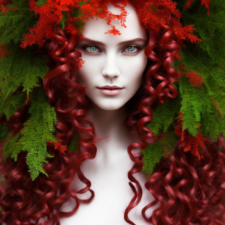 Red Curly-Haired Woman with Green Eyes Surrounded by Fern Leaves