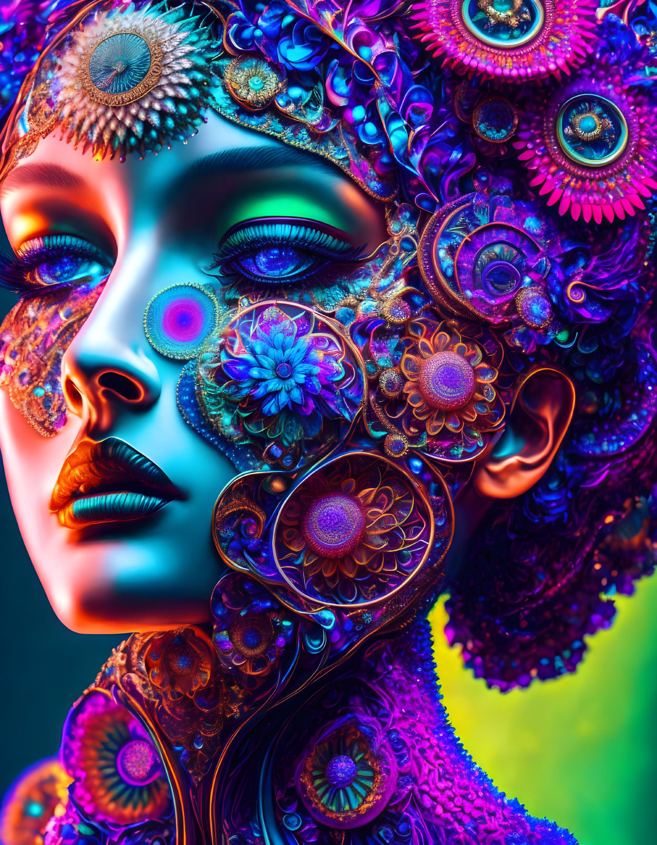 Colorful face artwork with mechanical and floral patterns in blue, purple, and pink