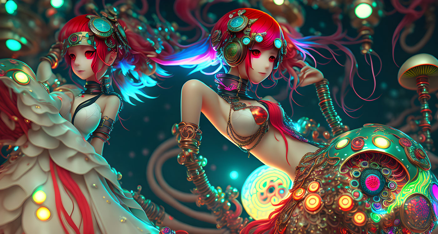 Futuristic cybernetic women with red hair and intricate headgear among glowing mushrooms and mechanical tendr