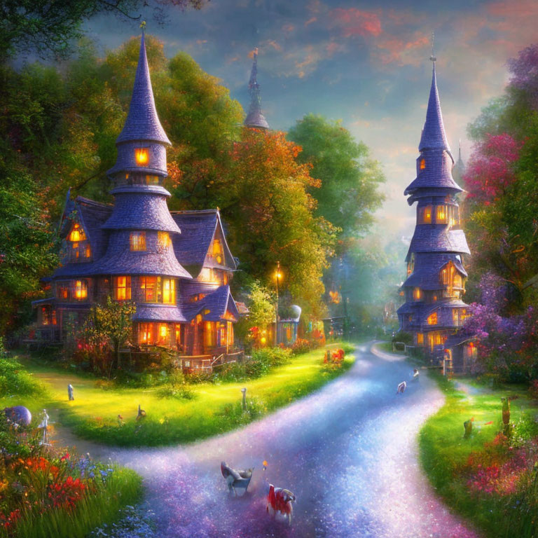 Enchanting fairytale-like twilight scene with magical houses and lush gardens