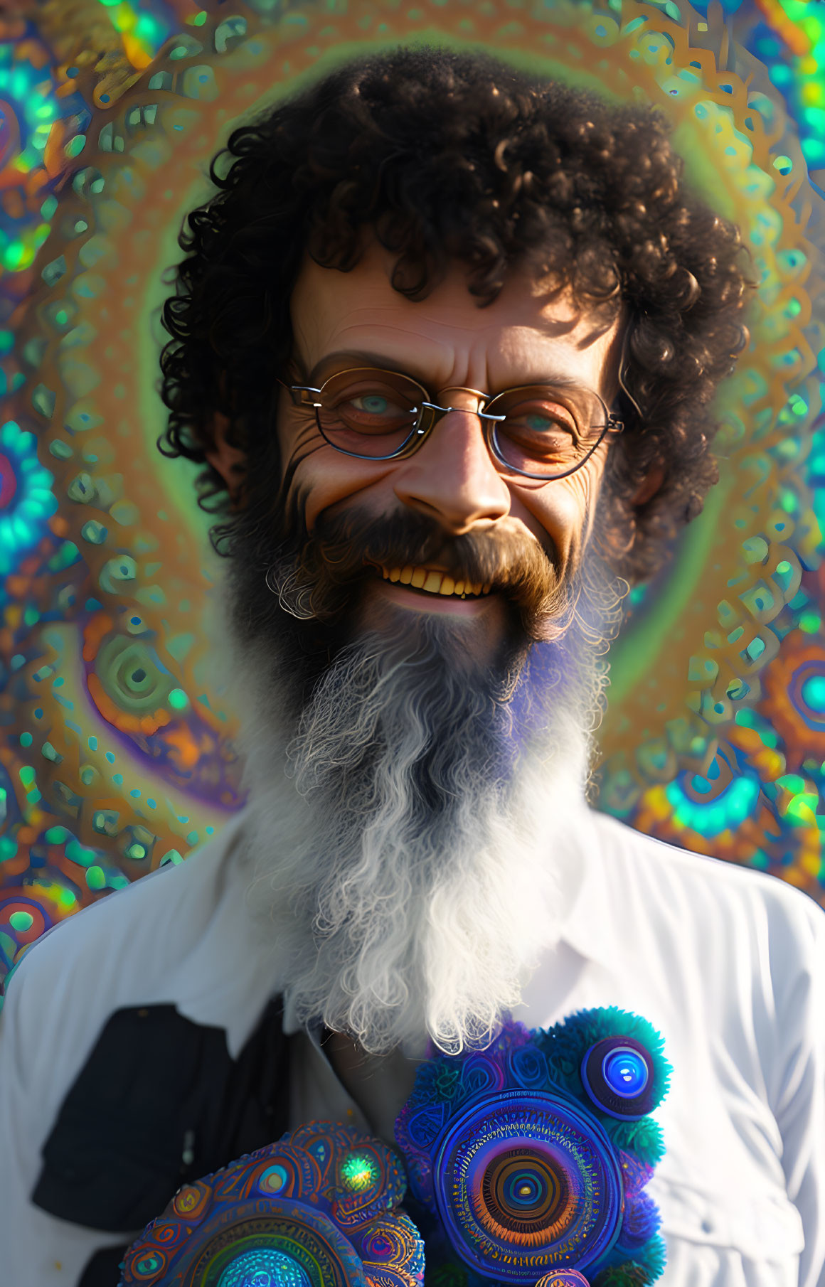 Bearded Person with Curly Hair and Round Glasses in Psychedelic Background