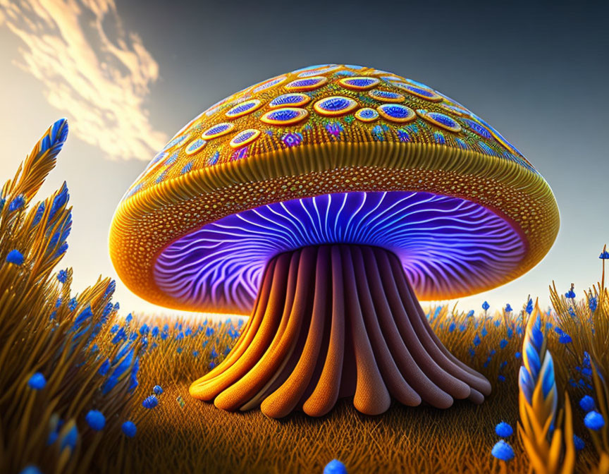 Colorful Mushroom with Peacock Feather Patterns in Golden Field and Blue Sky