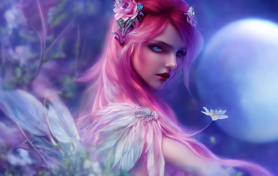 Woman with Pink Hair and Flower Adornments in Mystical Moonlit Floral Setting