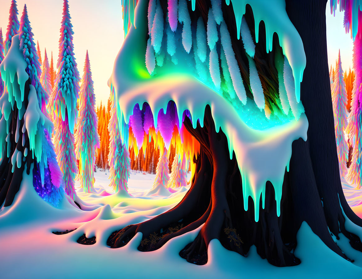 Surreal neon-colored trees in snowy forest landscape