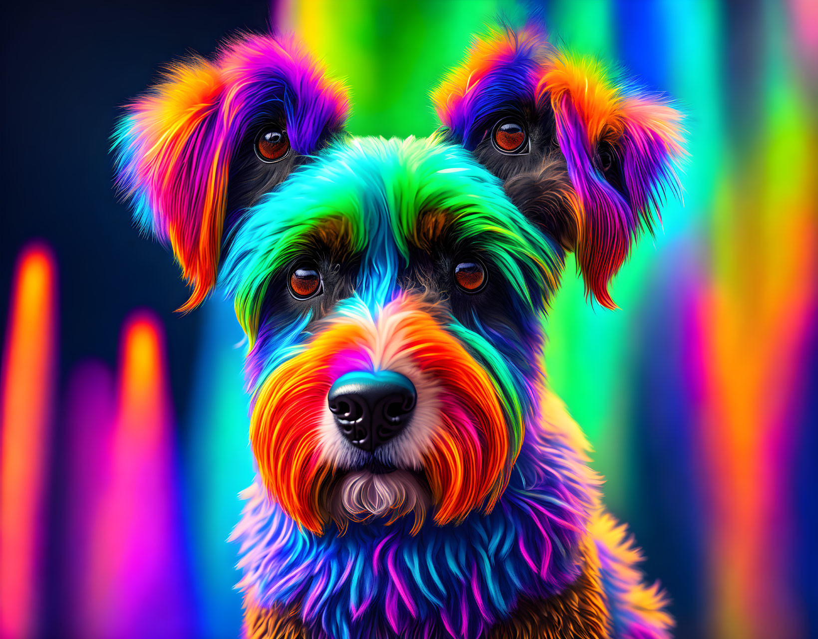 Multicolored Fur Dog on Neon Background with Blues, Greens, & Oranges