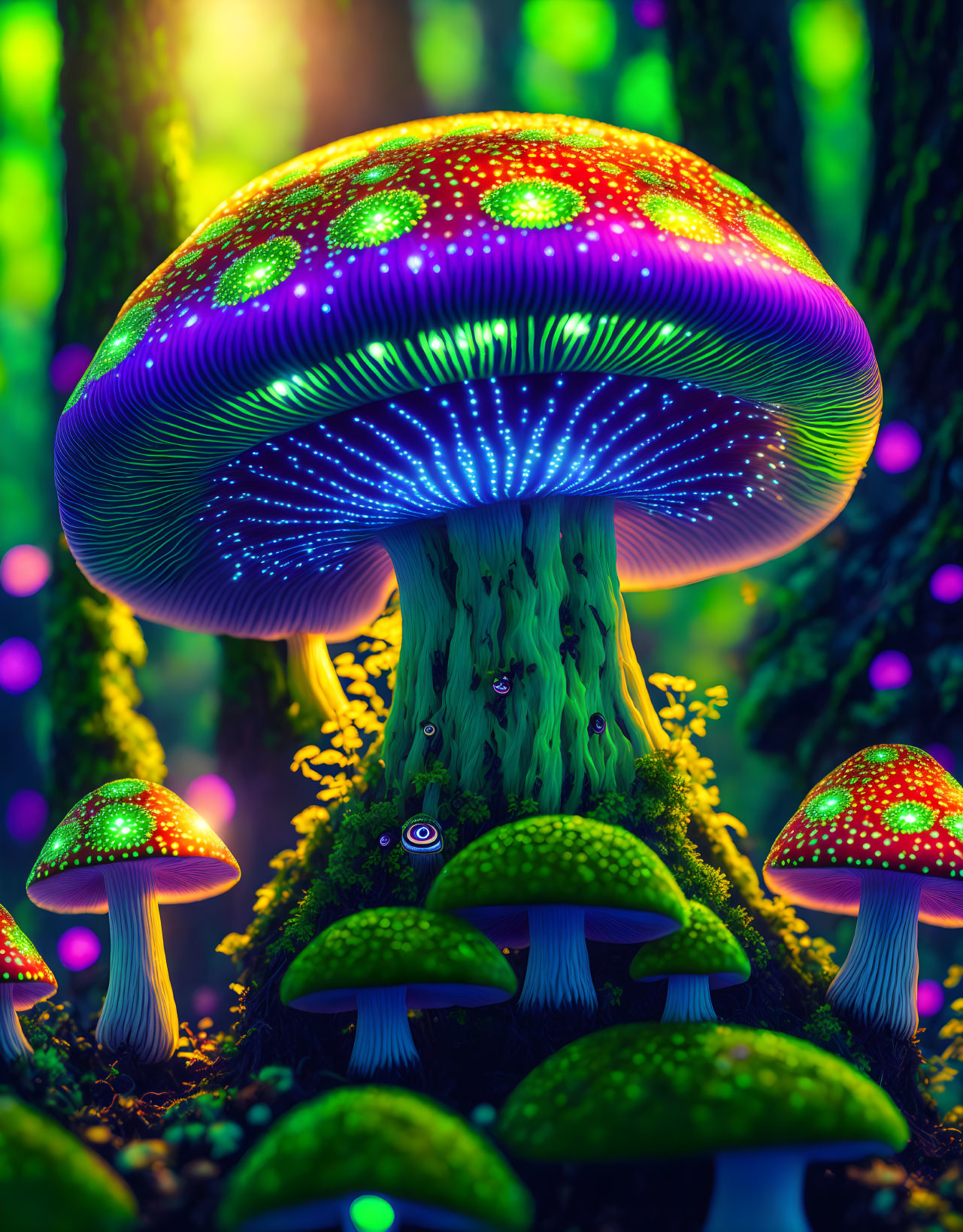 Luminescent oversized mushrooms in neon-lit forest