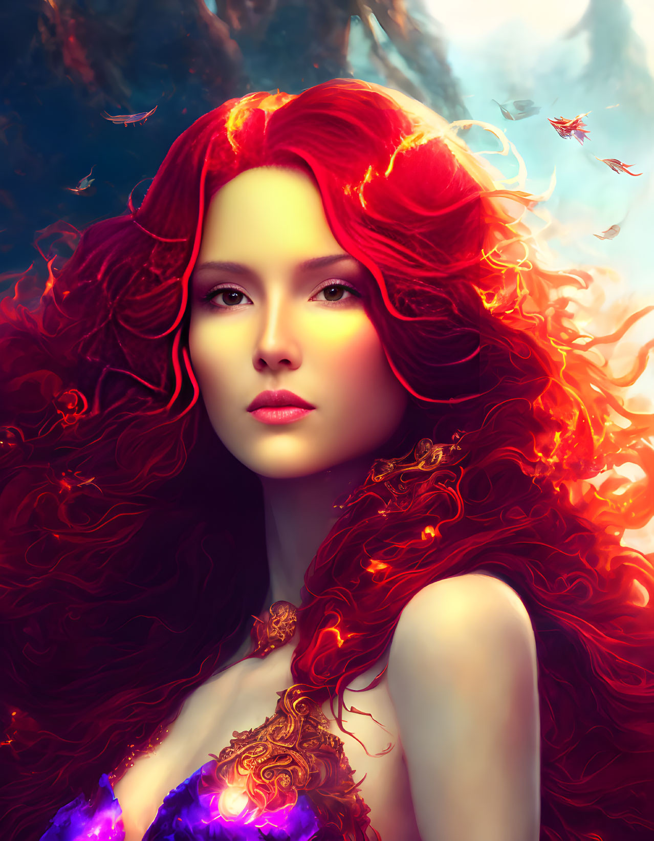 Fiery red-haired woman in mystical digital art