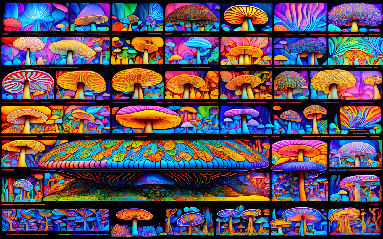 Colorful Mushroom Illustrations in Neon and Rainbow Colors