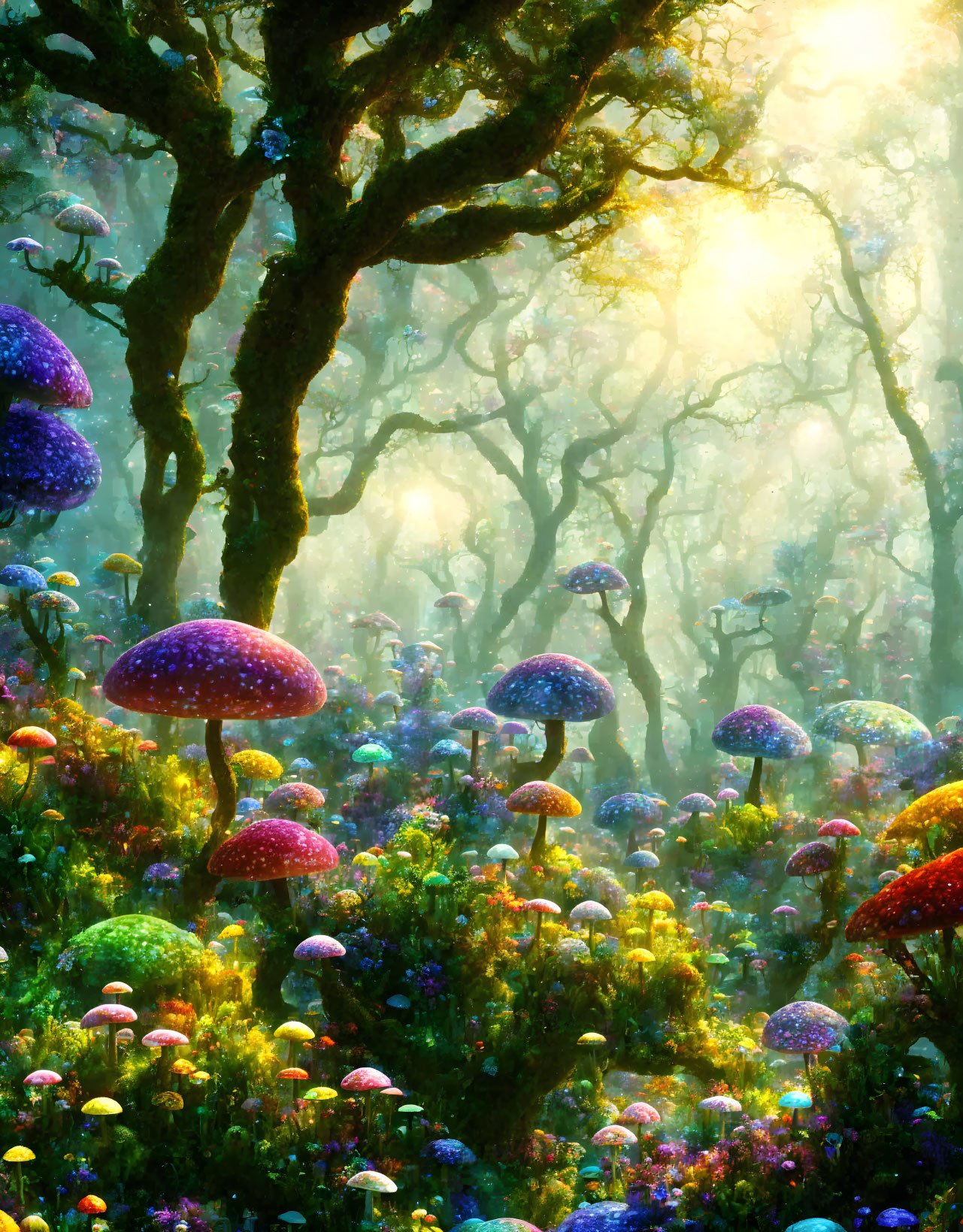 Fantastical forest scene with oversized colorful mushrooms and twisted trees in ethereal sunlight.