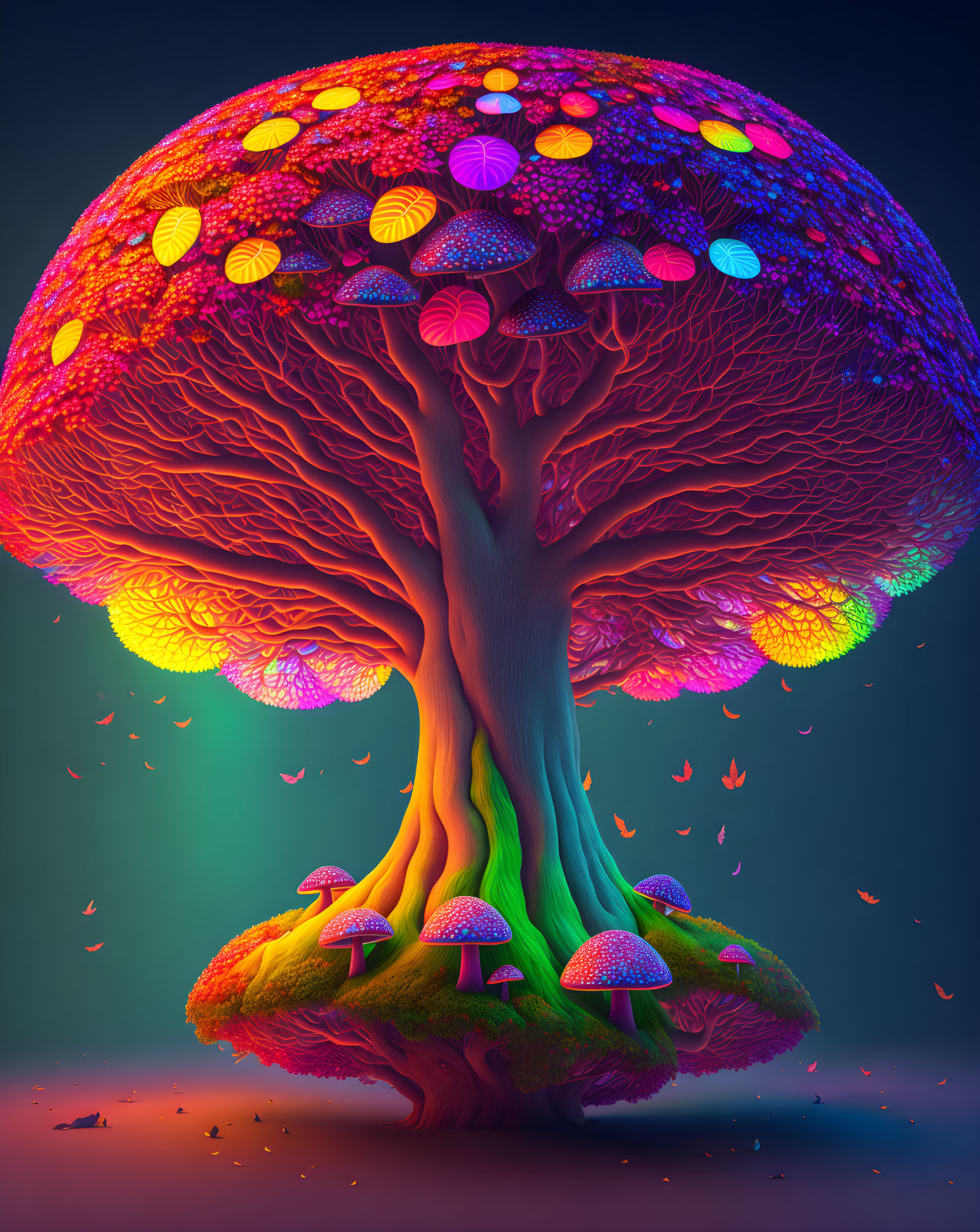 Colorful digital artwork: stylized tree, neon leaves, fluorescent mushrooms, dark background