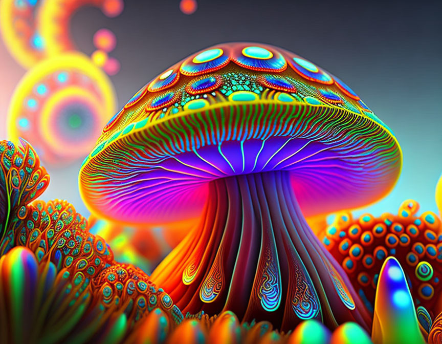 Colorful Psychedelic Mushroom Illustration with Alien Flora