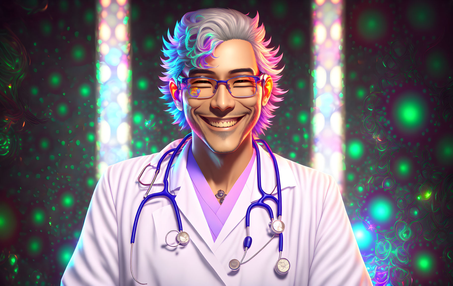 Colorful Hair and Lab Coat: Smiling Person with Glasses in Stylized Image