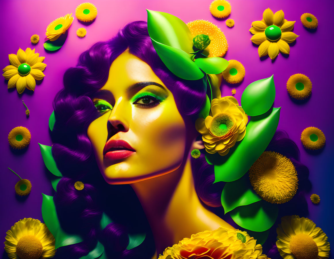 Colorful portrait of woman with purple hair among yellow flowers on gradient background