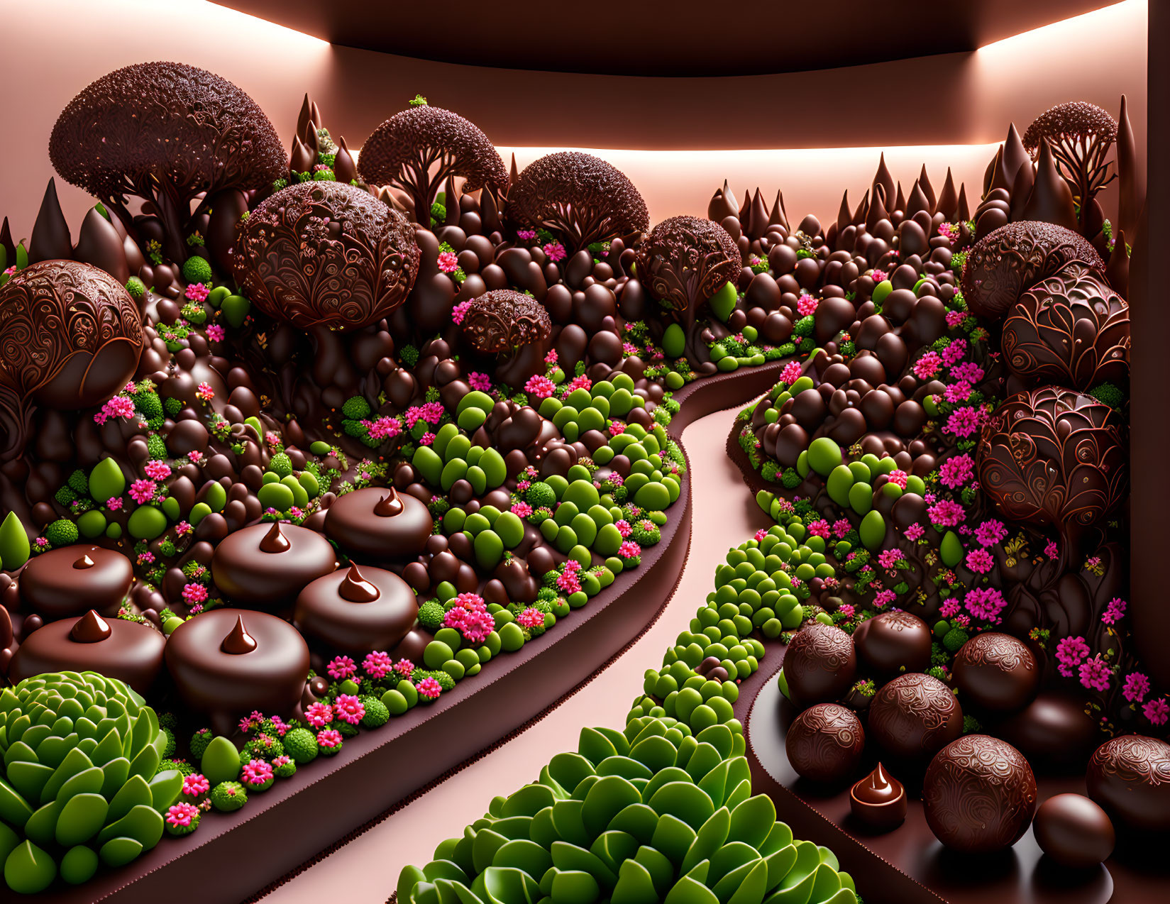 Chocolate garden with candy plants and brown sky