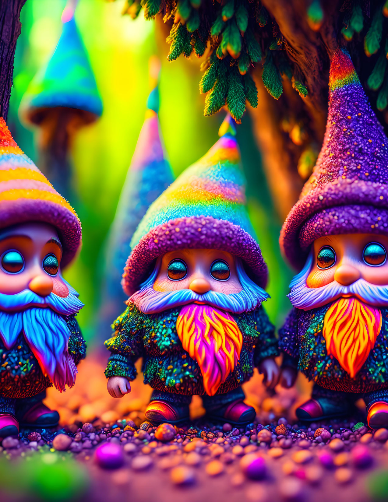 Colorful garden gnomes with vibrant hats and beards in whimsical setting