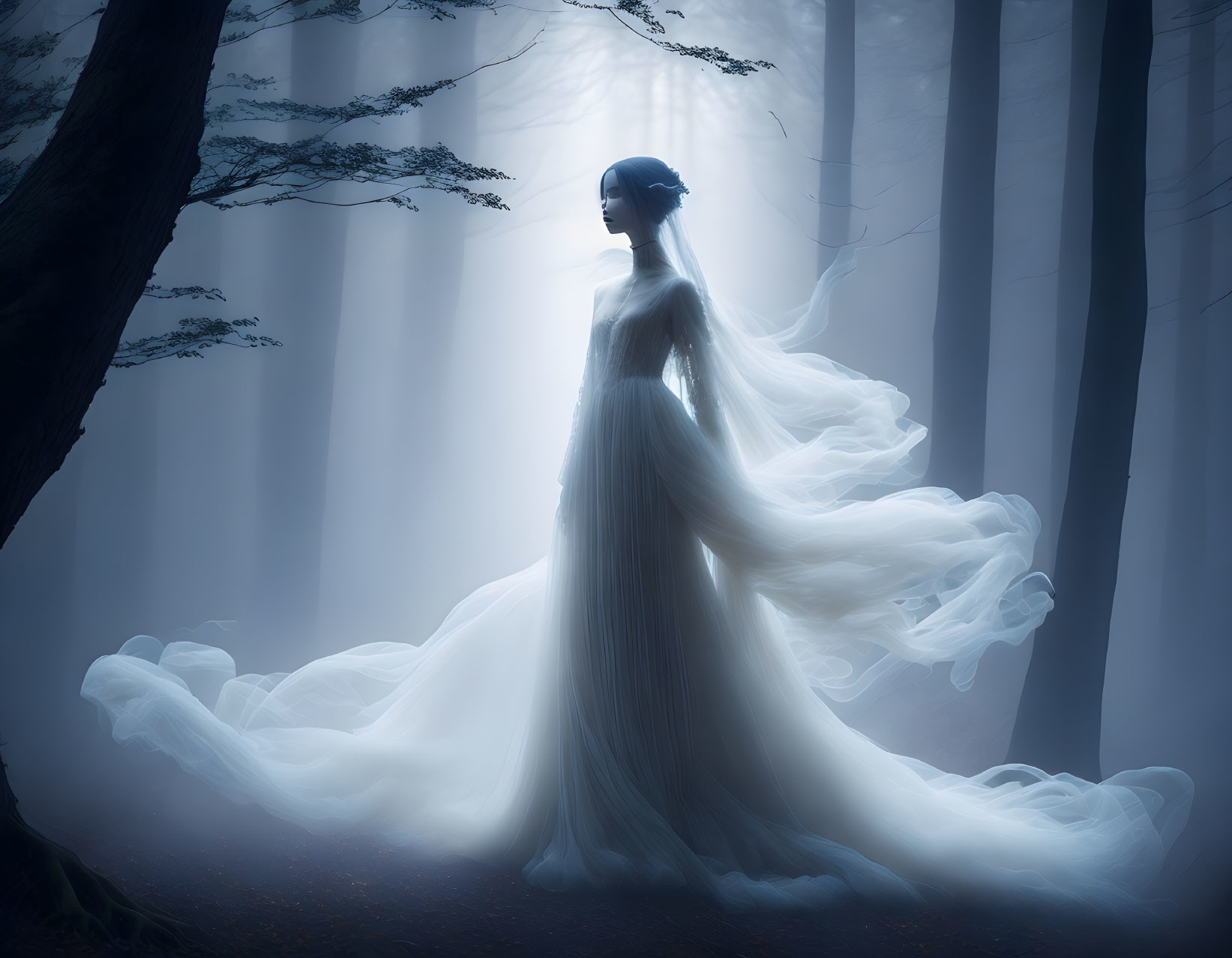 Woman in White Gown in Enchanted Forest with Light Filtering Through Trees