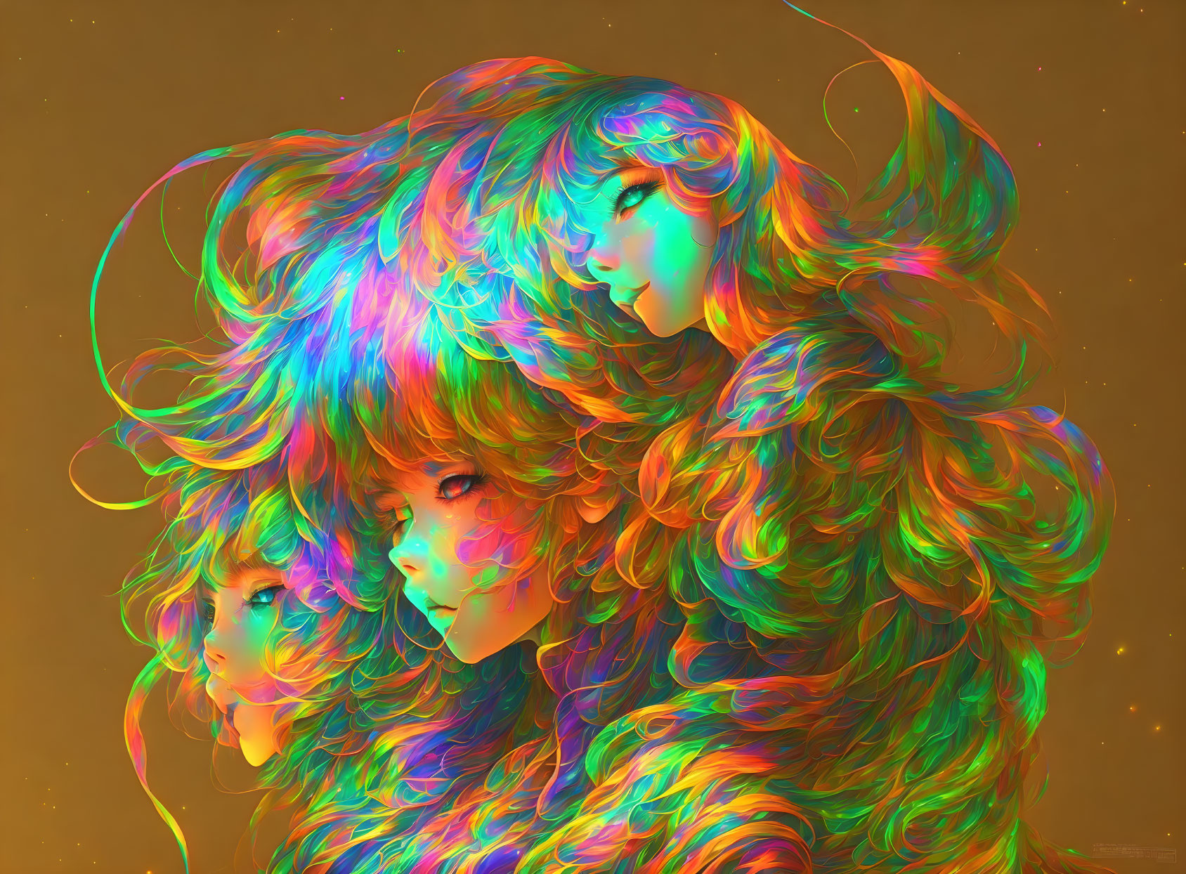 Vibrant holographic faces merge on warm background