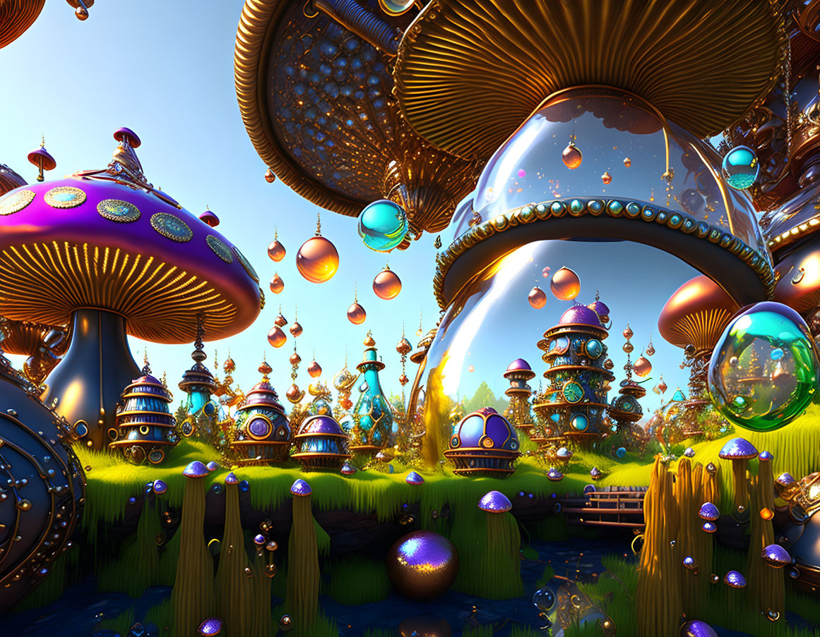 Colorful surreal landscape with oversized mushroom-like structures and reflective orbs