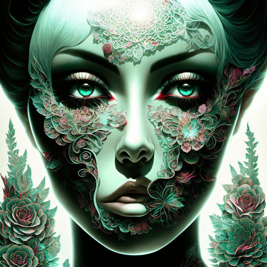 Digital Art: Woman's Face with Turquoise Hair & Green Floral Patterns