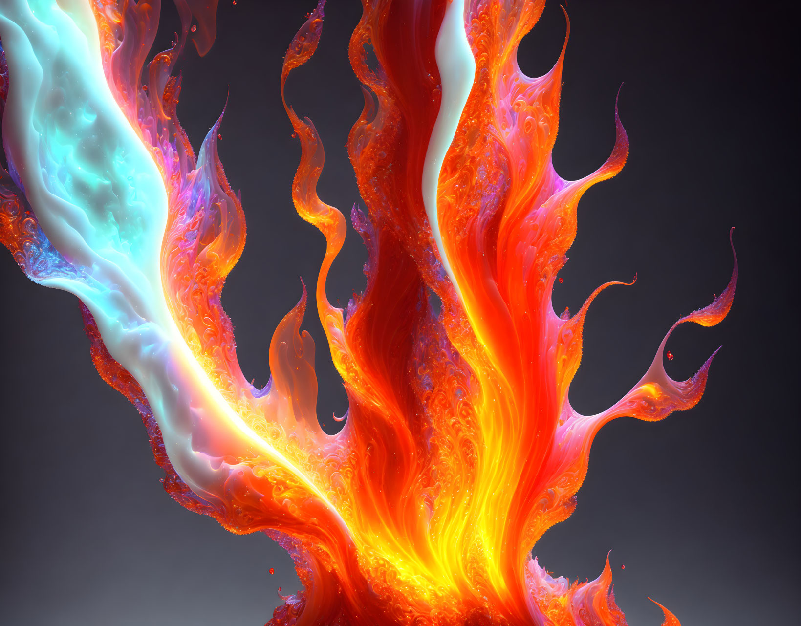 Colorful digital artwork: Stylized flames in orange, red, and yellow with blue swirl.