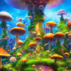 Colorful oversized mushrooms in mythical forest under blue luminescent light