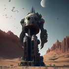 Surreal desert landscape with ornate towers and parachuting pods