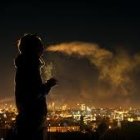 Colorful Hair Woman Silhouette in Night Cityscape