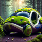 Frog-themed car in magical forest with moss and mushrooms